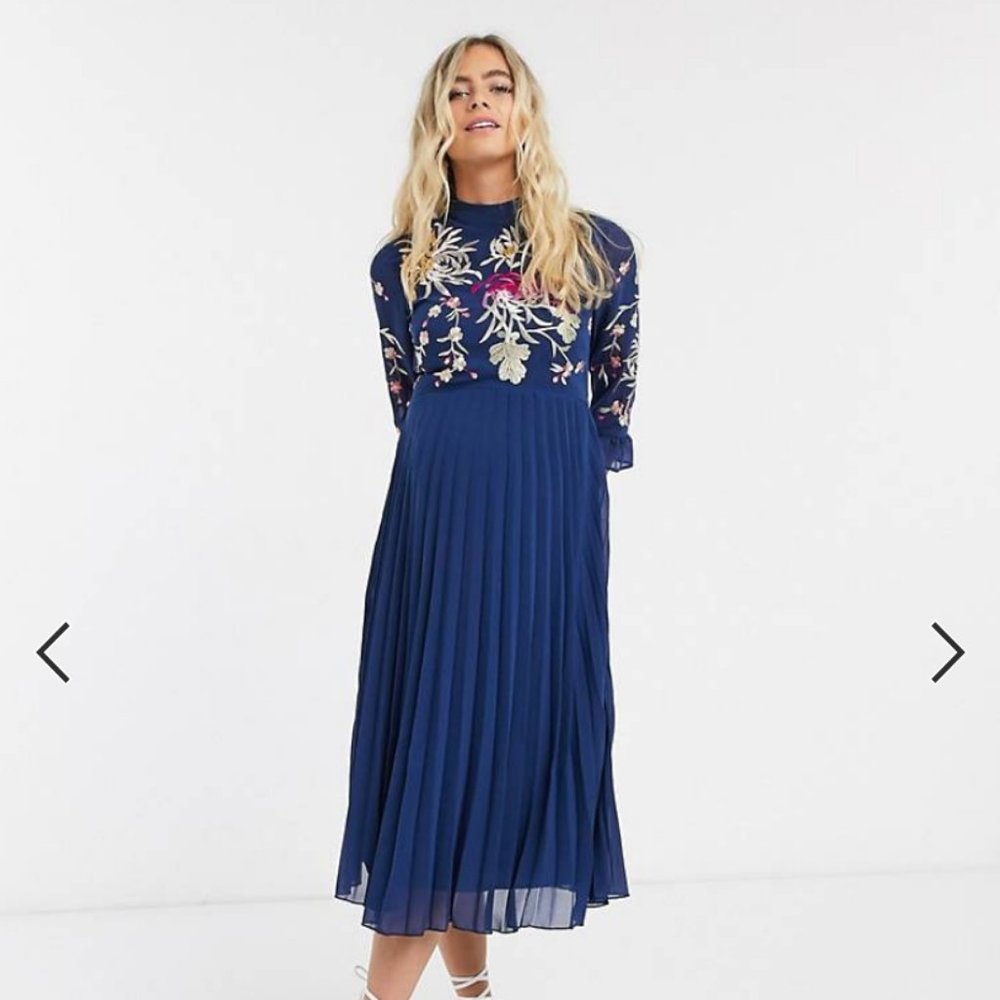 Navy ASOS Embroidered Pleated Maternity Dress Size 4